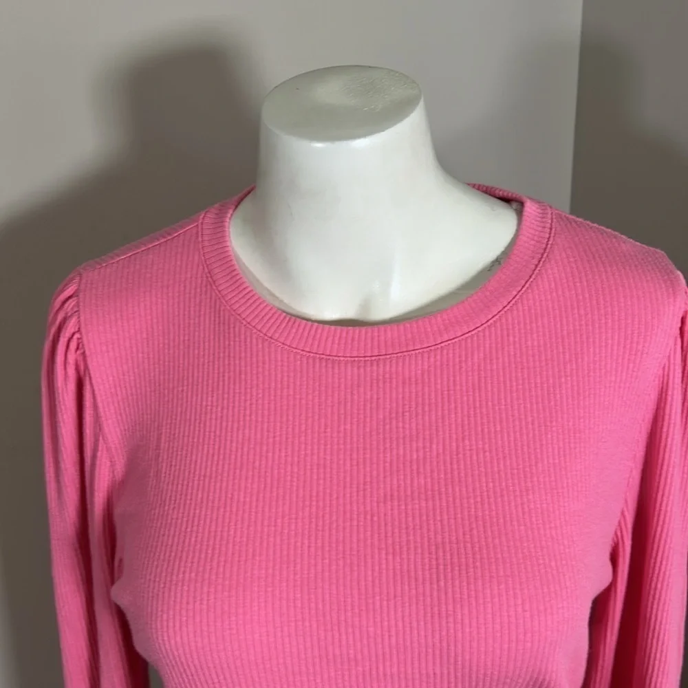 J Crew Vintage rib puff sleeve top Pink lightweight cotton long sleeve Sz L